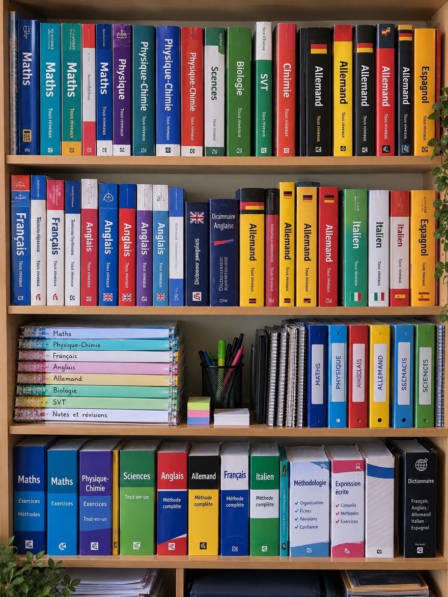 Manuels et classeurs de révision utilisés en cours Professor+ : maths, physique-chimie, biologie, anglais, allemand, espagnol et italien